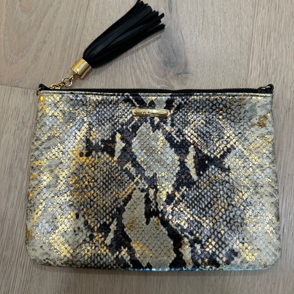 GiGi New York gorgeous black/beige/gold python print clutch excellent condition